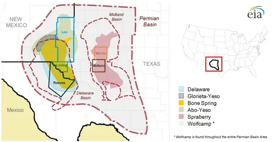 EIA map of the Permian Basin in West Texas and southeast New Mexico showing the Delaware and Midland basins and major formations